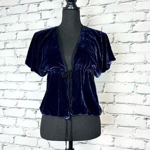 Echo Velvet Silk Lined Short Sleeve Tie Front Cardigan Size Small Navy Blue Y2k